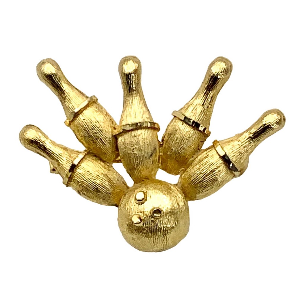 BSK Vintage Gold Tone Bowling Ball Pin Brooch signed